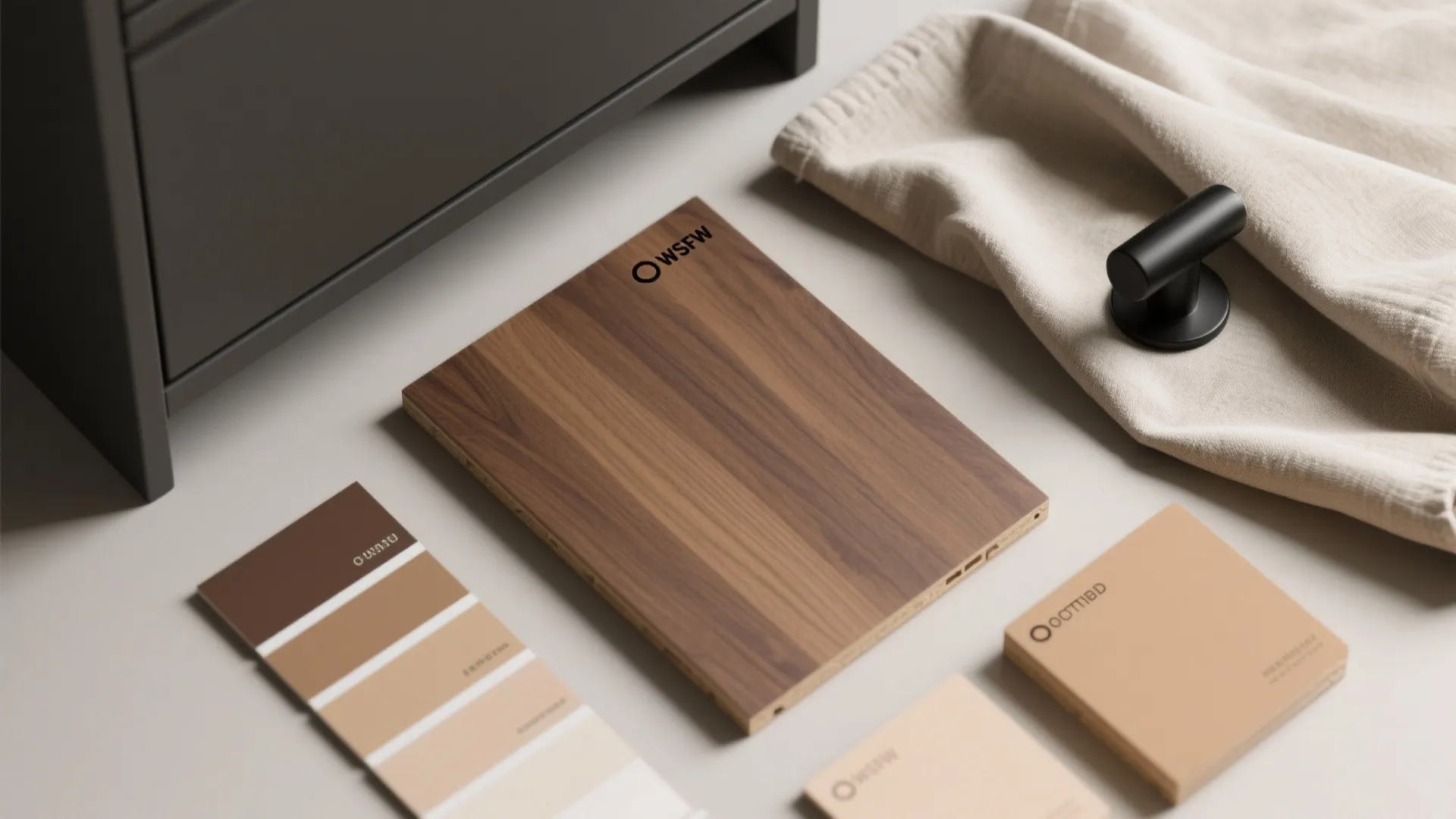Wood sample board displayed with color swatches plus black handle and soft fabric on table