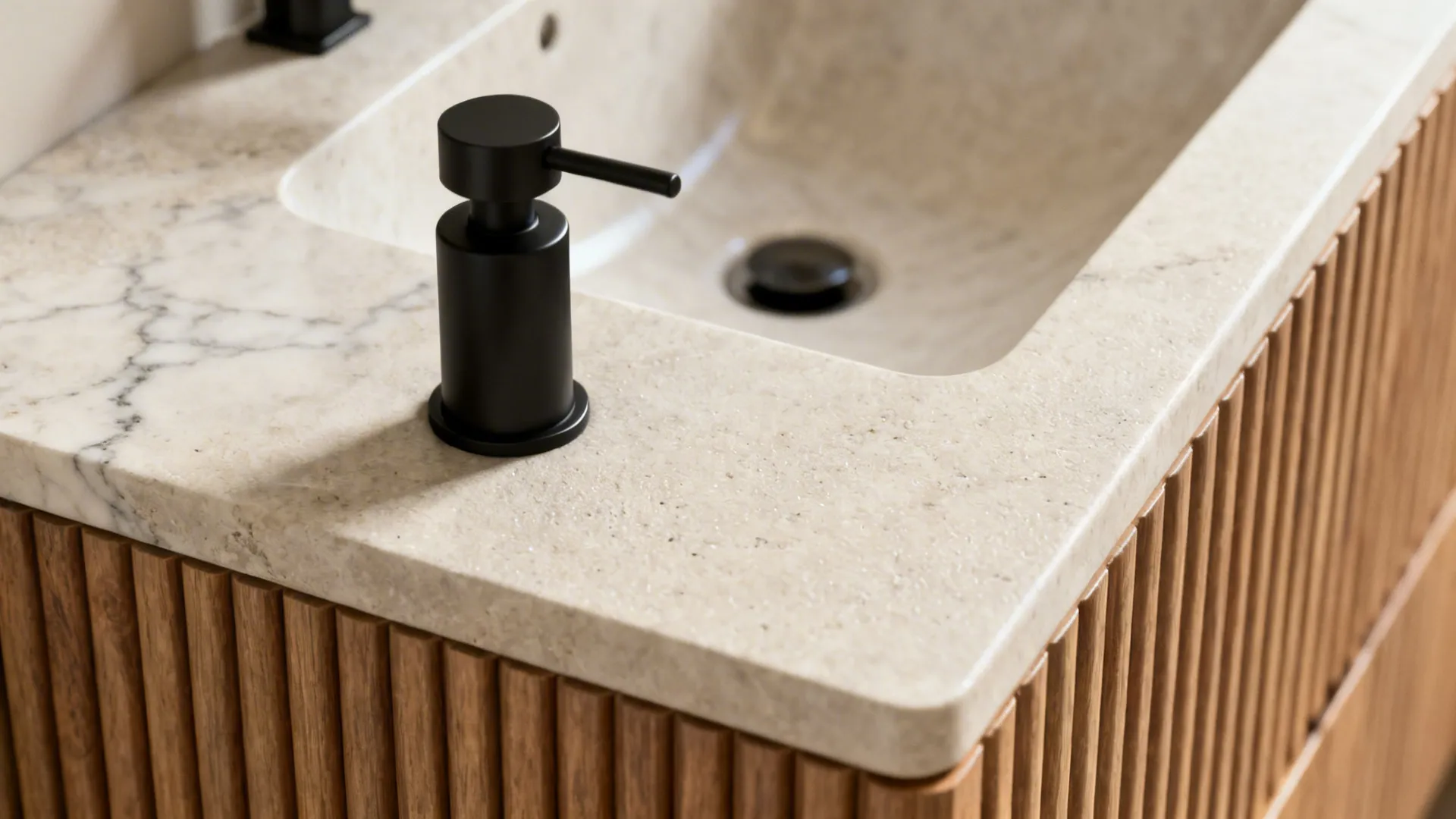 Calm materials: warm wood, soft stone, and matte fixtures