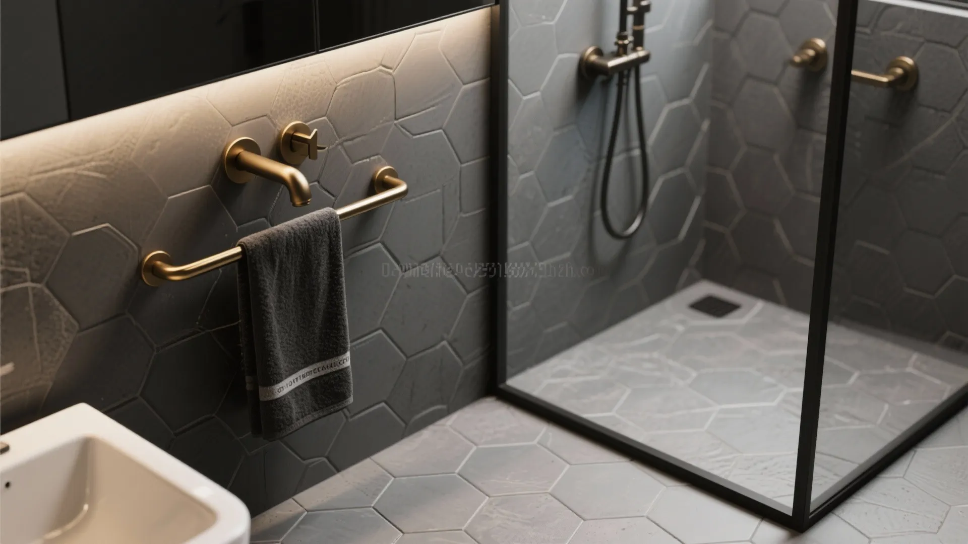 Modern bathroom with grey hexagonal wall tiles gold faucet towel rack and clear glass shower