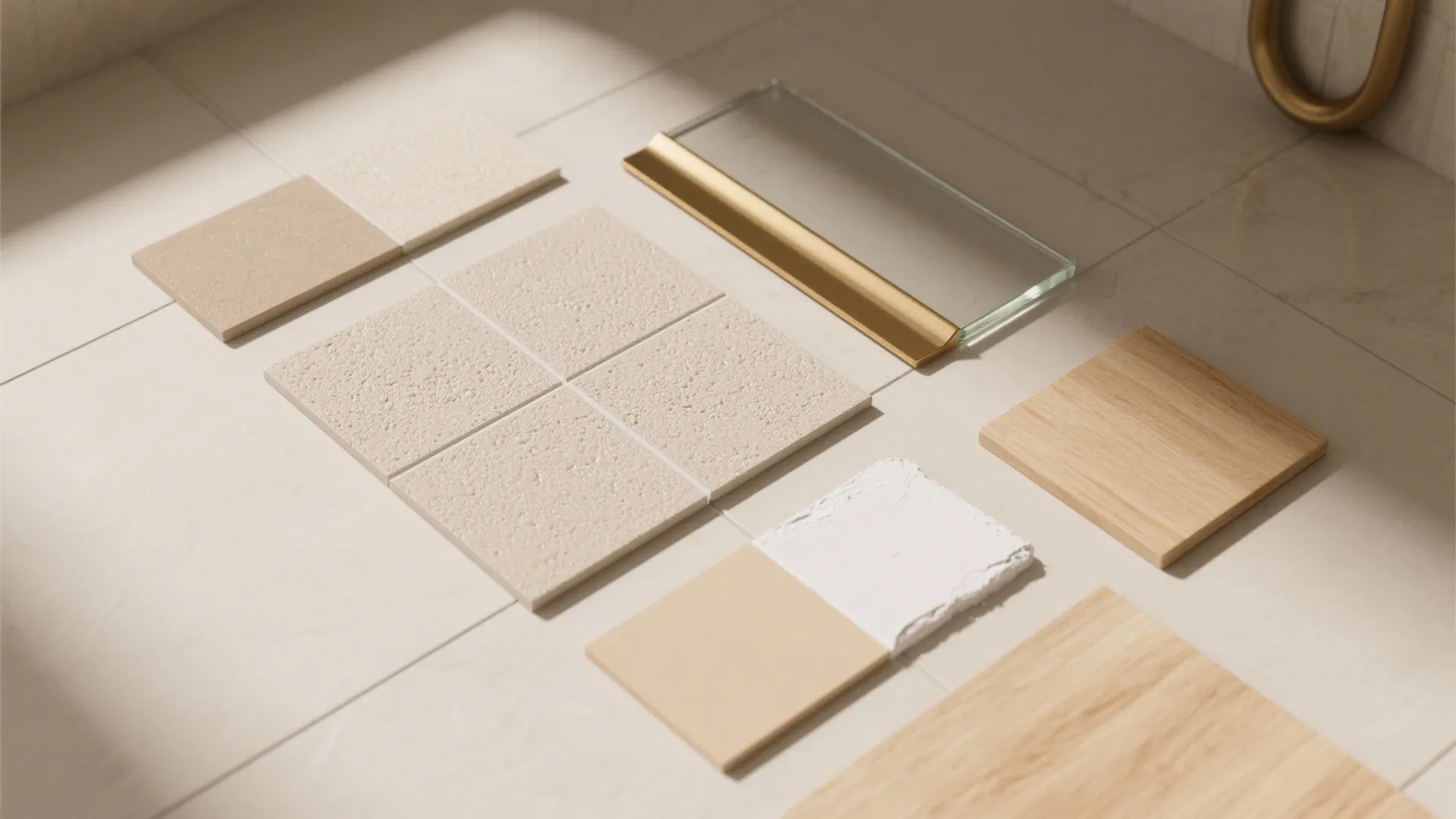 Flat lay of material samples including beige tiles wood pieces glass and gold cabinet handle trim