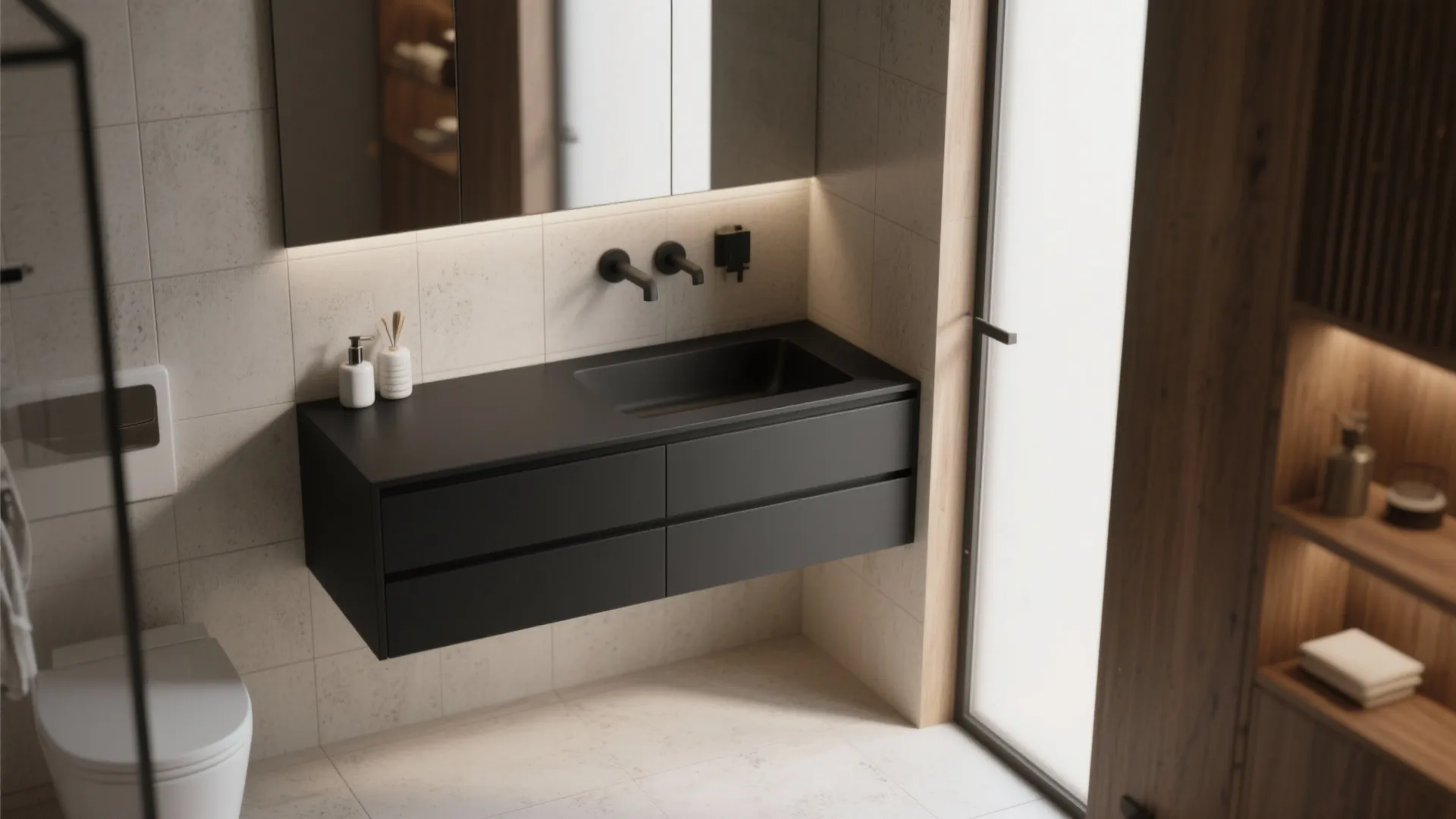 Modern bathroom with matte black floating cabinet wall light mirror and white toilet in corner view