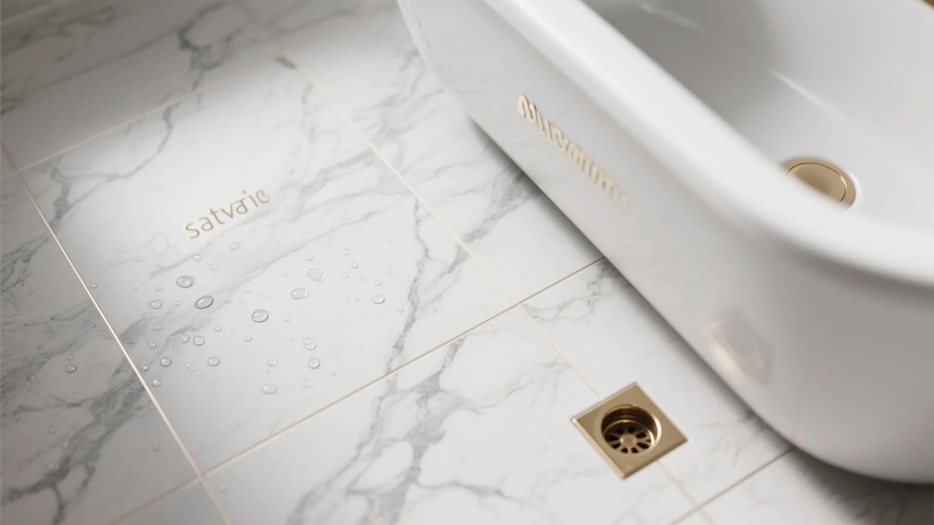 Water droplets on white marble bathroom floor tiles near white bathtub with a gold drain
