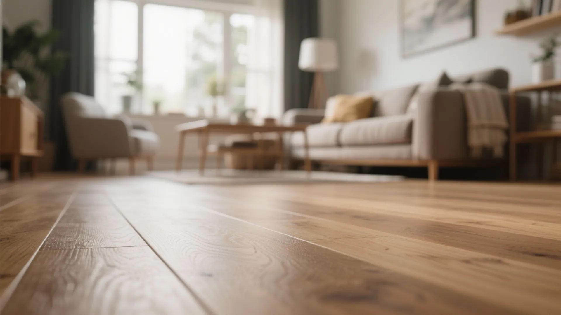 Close-up of matte finish hardwood flooring in a family living room