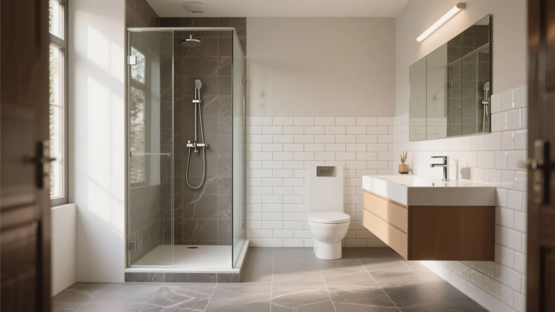Modern bathroom with glass shower door grey floor tiles white wall tiles and wooden floating cabinet