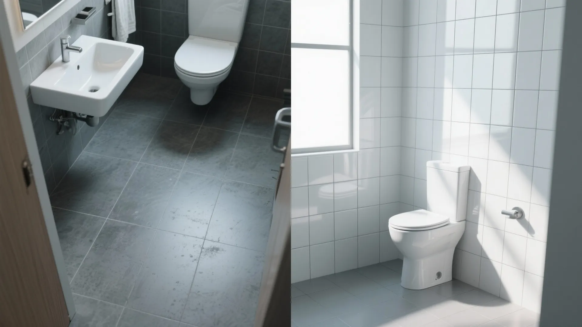 Comparison of bathroom with dark grey matte floor tiles and bright white glossy square wall tiles