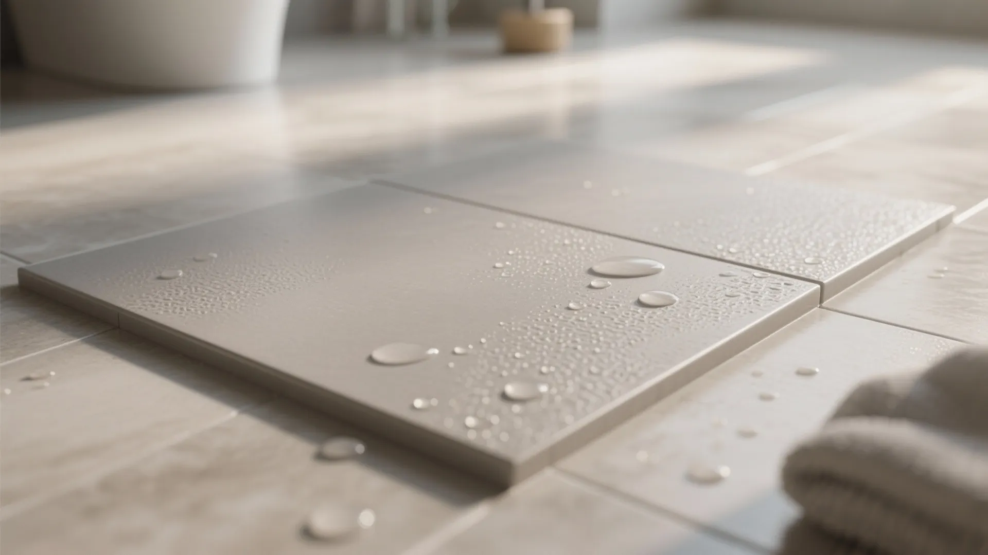 Close up view of water droplets on a matte light grey floor tile inside a bathroom