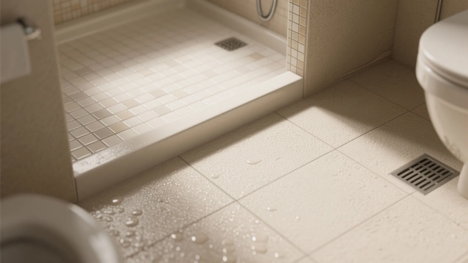 Beige bathroom floor tiles with water droplets next to a white walk in shower area