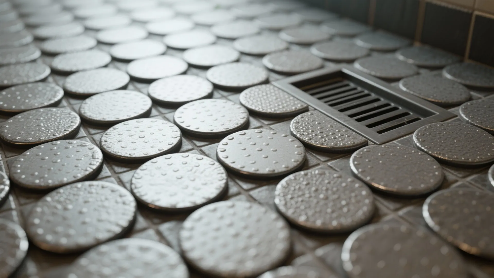 Matte circular tiles on the floor for slip control