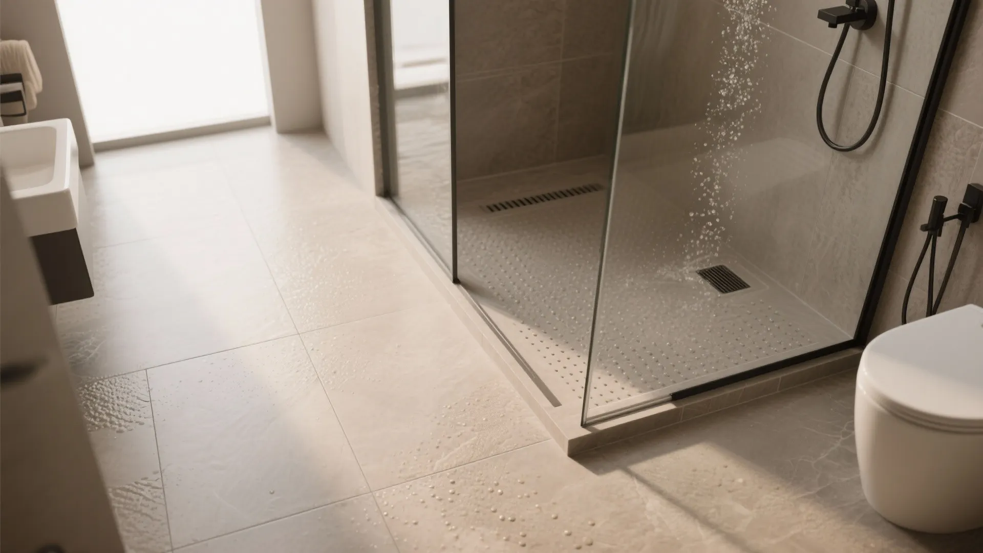 Close up of beige matte floor tiles in a bathroom with glass shower and toilet