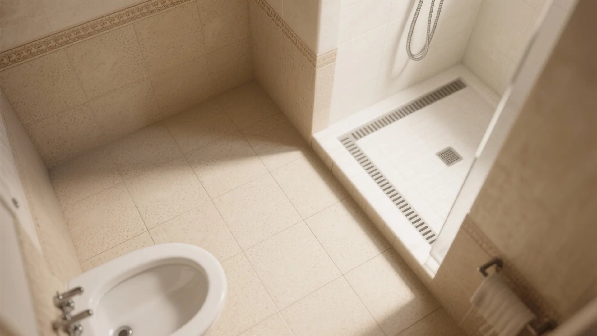 High angle view of beige bathroom floor tiles white toilet seat and walk in shower