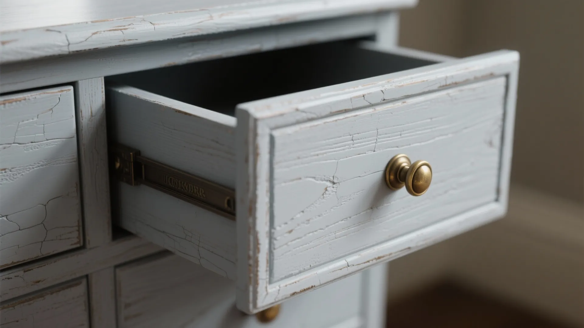 Close up of an open light blue wooden drawer with gold handle and distressed paint finish