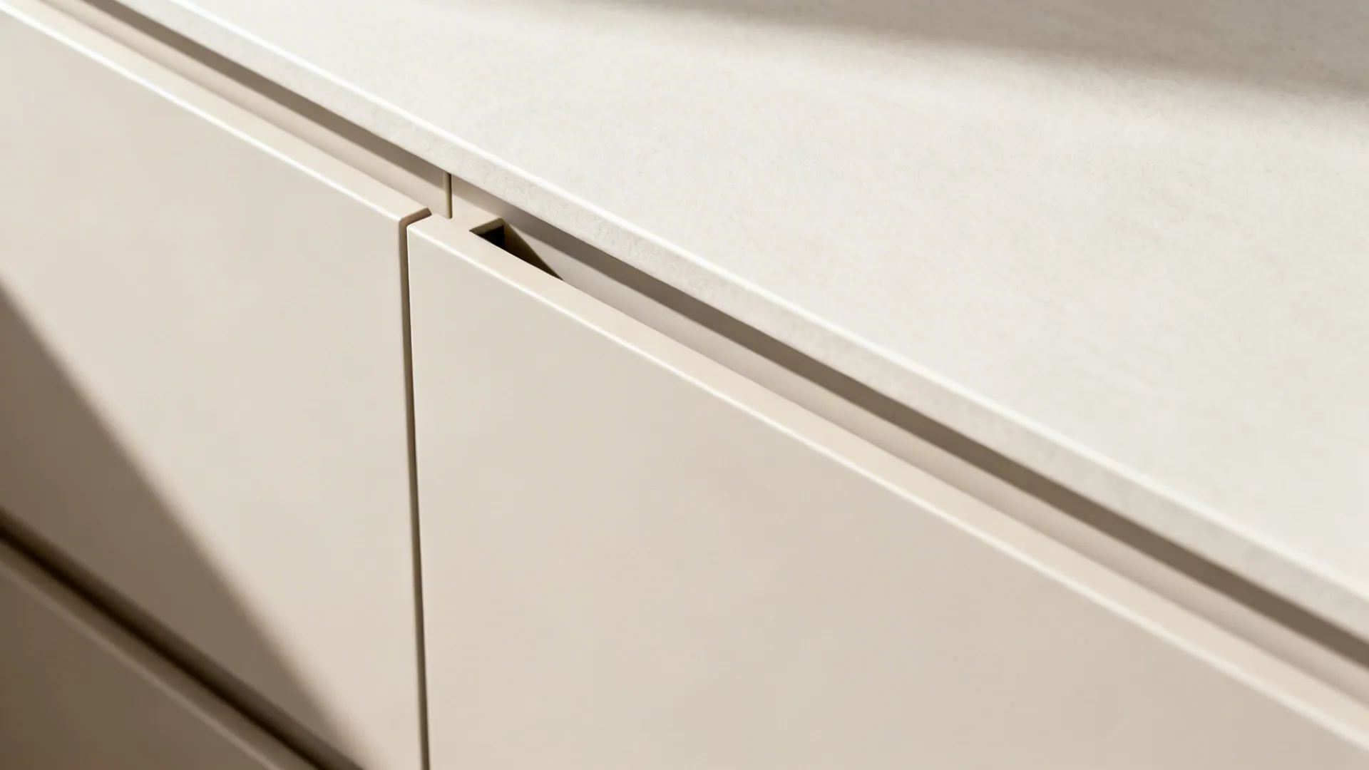 Macro of matte cabinet front with edge pull and soft-close drawer construction.