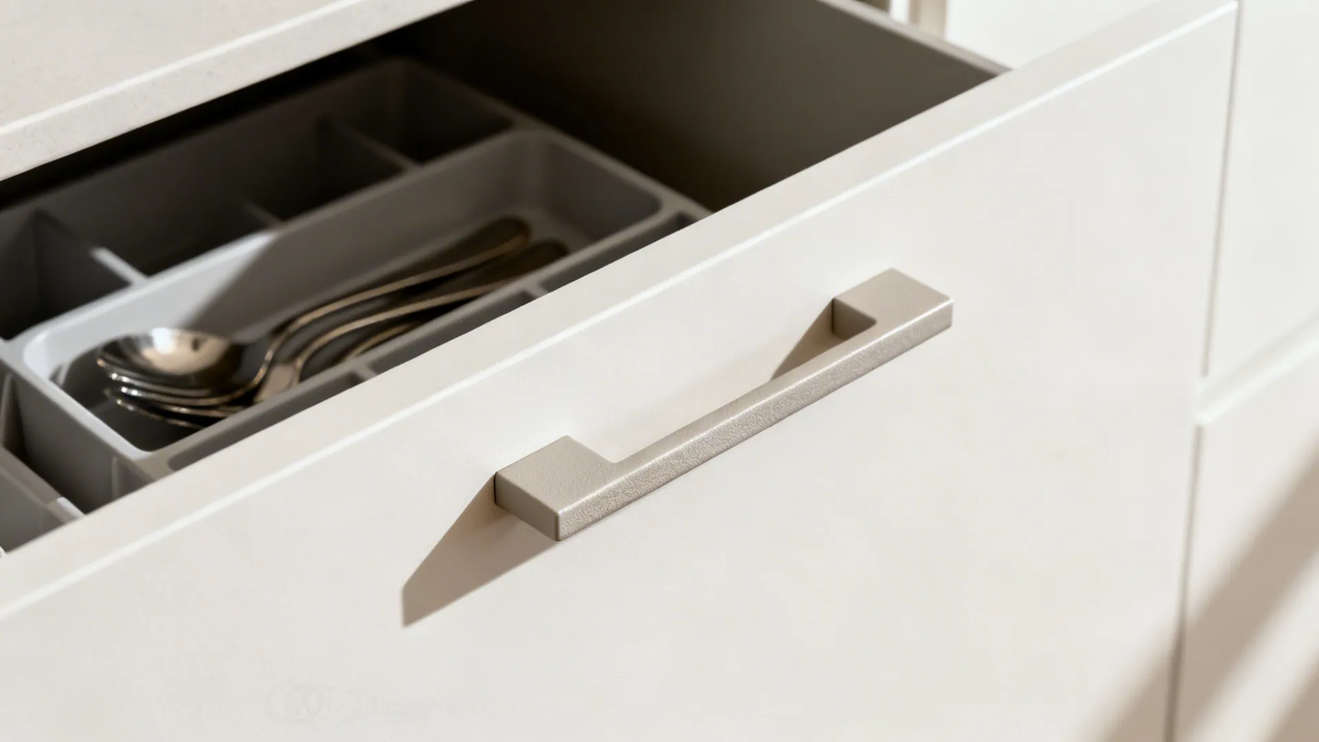 Close up of open white kitchen drawer showing metal spoons in a gray cutlery tray