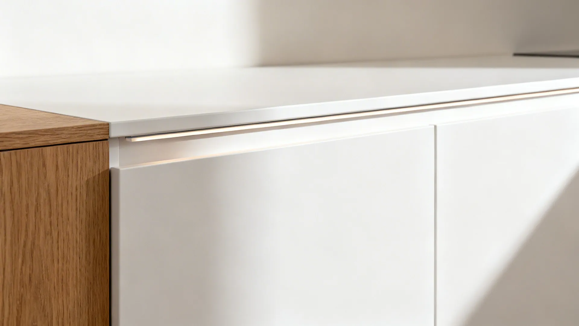 Close up of white kitchen cabinet with integrated light strip and natural wood side panel design