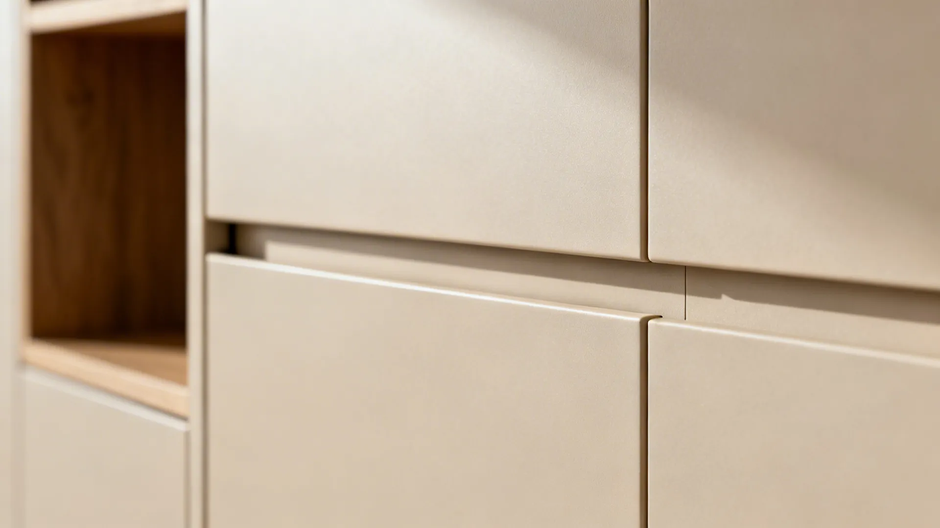 Macro view of matte flat-front cabinet with integrated pull and seamless edge banding.
