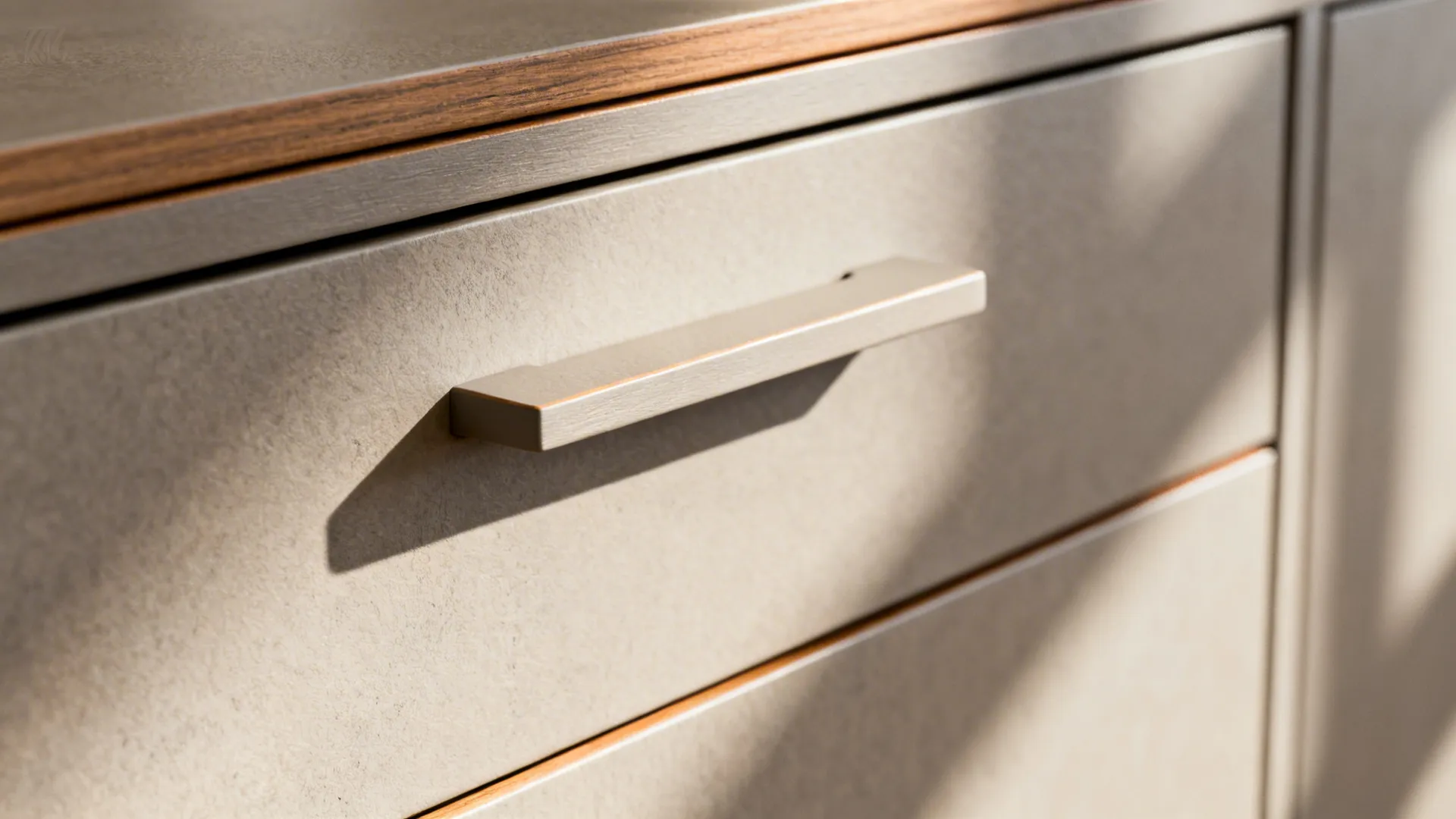 Macro of matte laminate cabinet front with integrated pull and crisp edge banding.