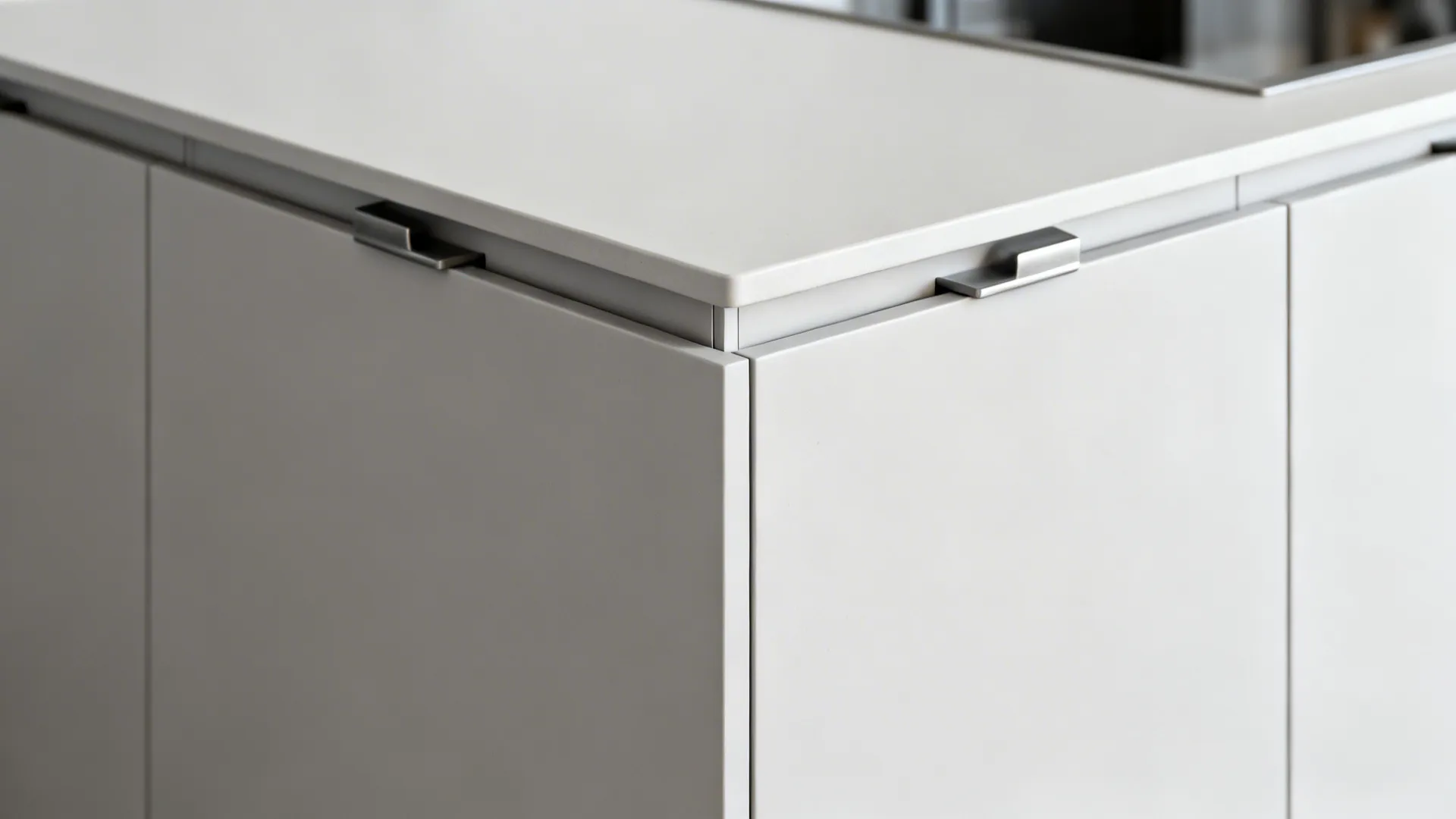 Close-up of matte handleless cabinet fronts with precise shadow gaps and push-to-open hardware.