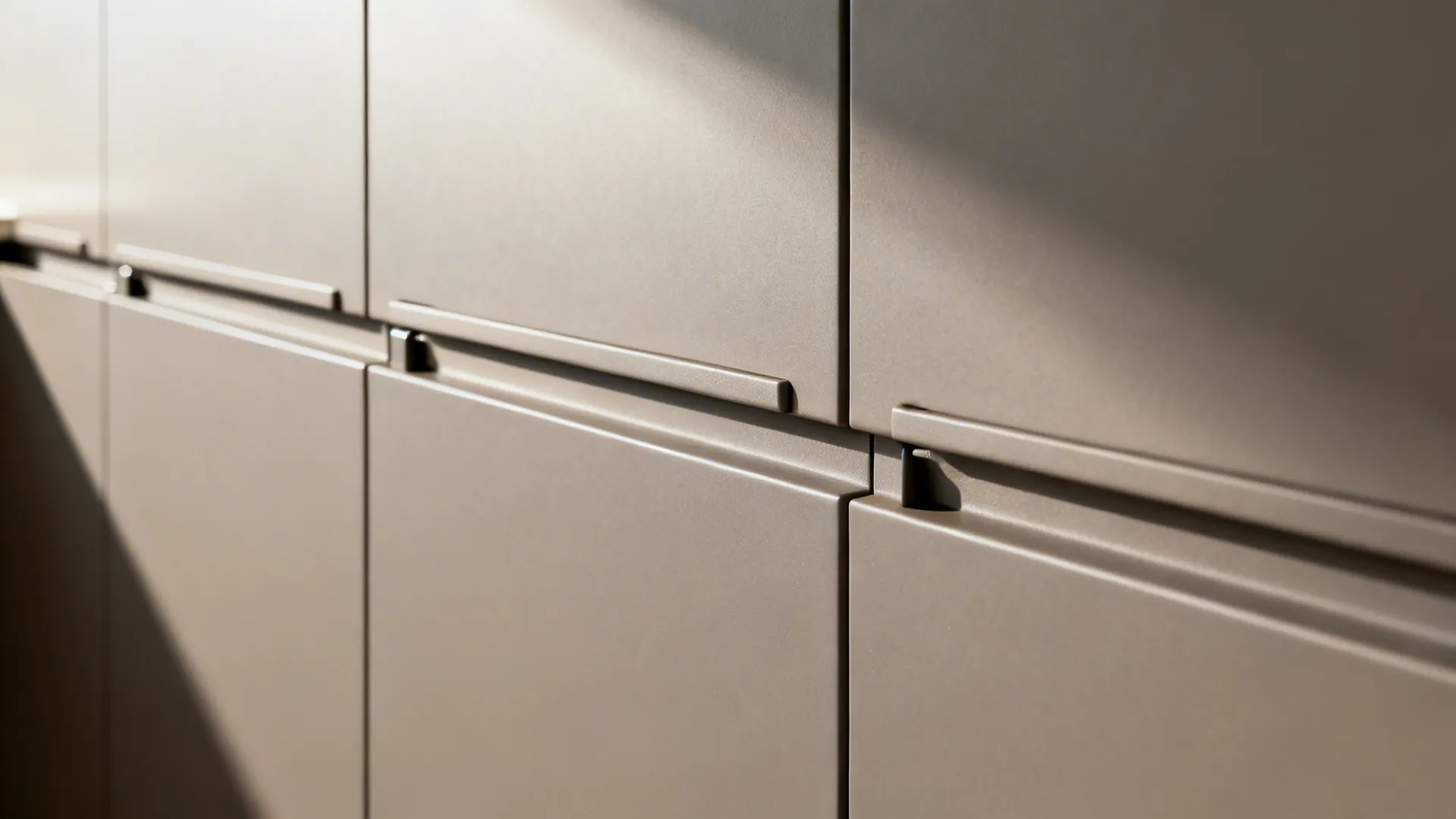 Macro detail of matte flat-front cabinets with finger pulls in a minimal kitchen.