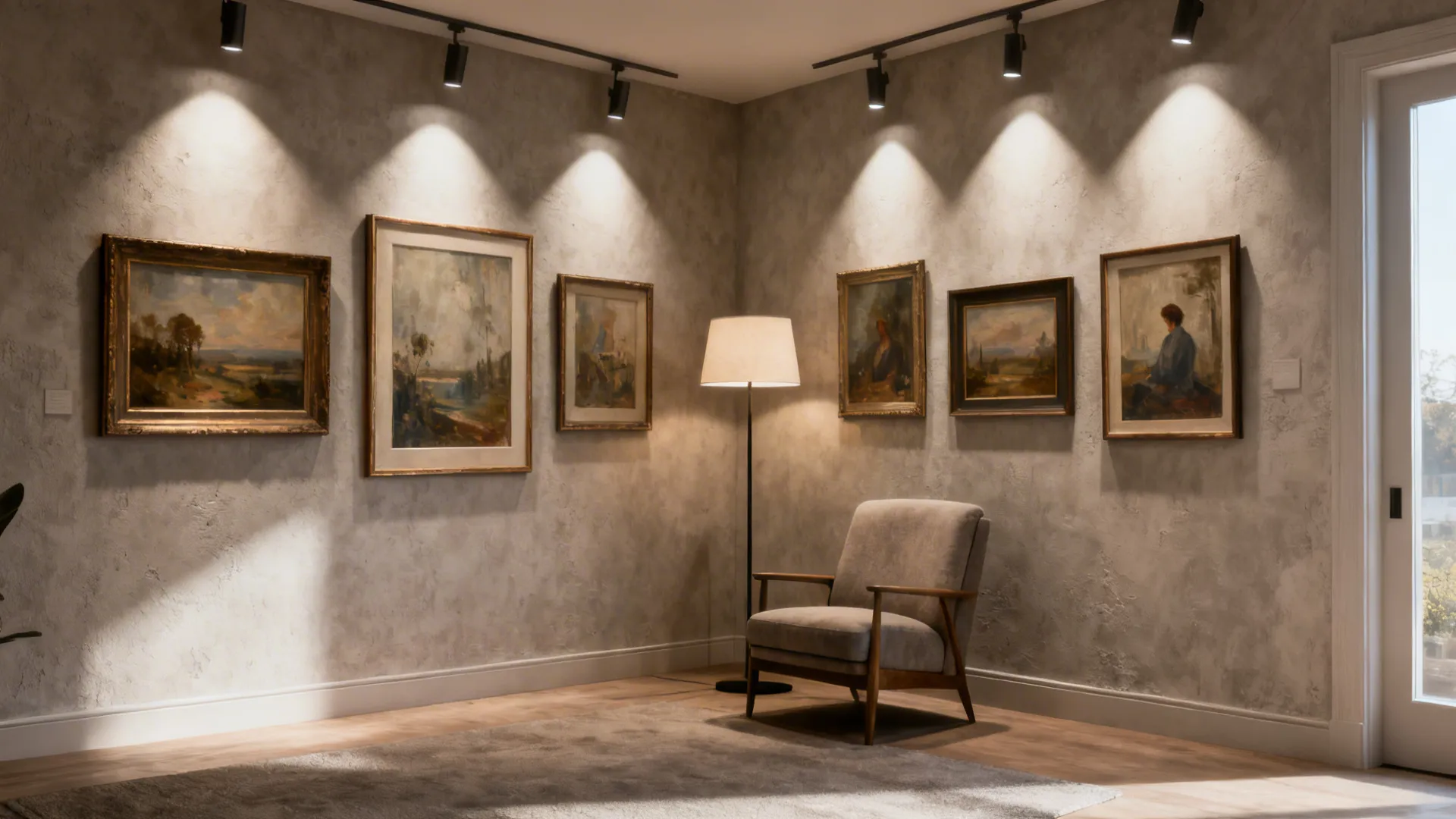 Cozy living room corner with matte walls and framed art under soft spotlights, no glare on frames.