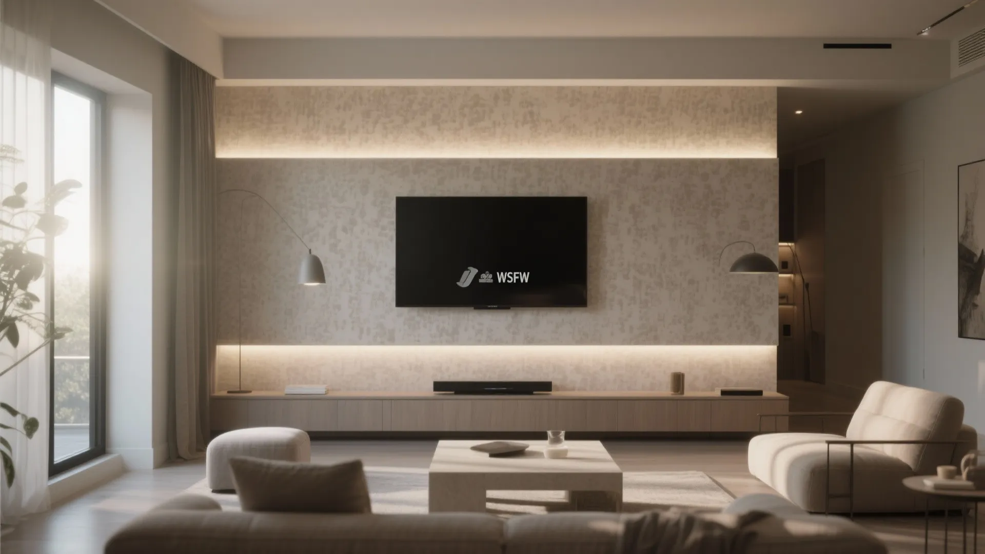 Spacious living room with large windows television cabinet floor lamp coffee table and natural light