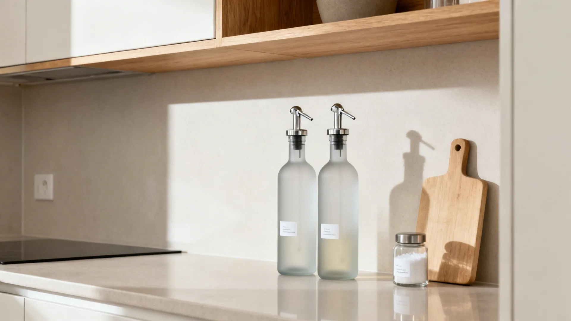 Matte frosted glass oil bottles with dripless spouts on a quiet, minimalist kitchen counter.