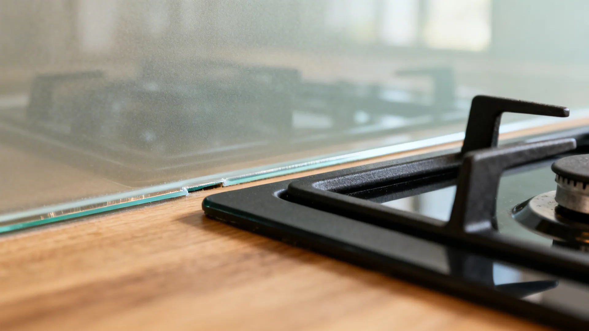 Close detail of tempered matte glass backsplash with expansion gap near cooktop.