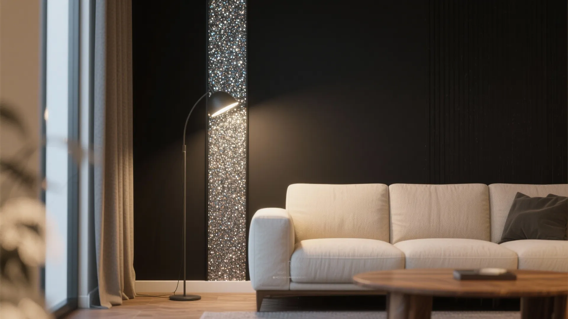 Matte black wall with a single glitter panel highlighted by a directional lamp in a cozy living room.
