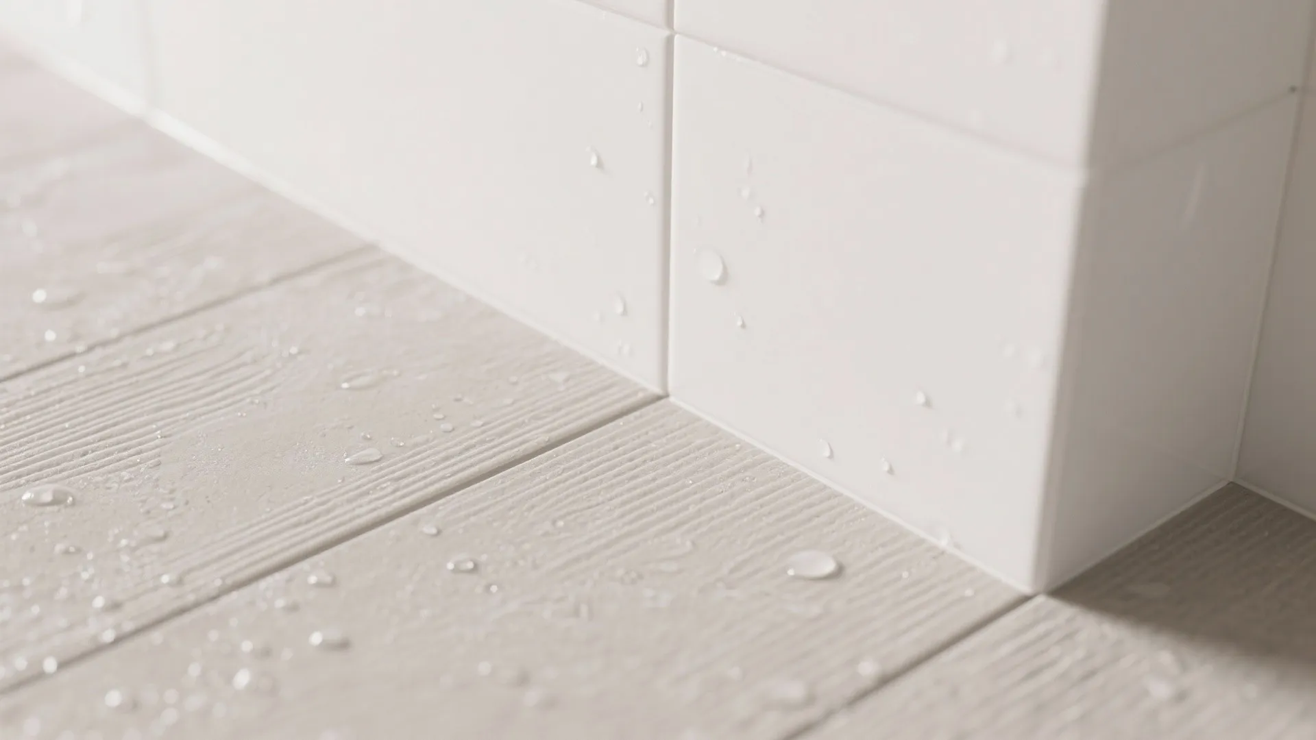 Macro of matte porcelain floor texture beside a glossy wall tile with a precise grout joint and soft reflections.