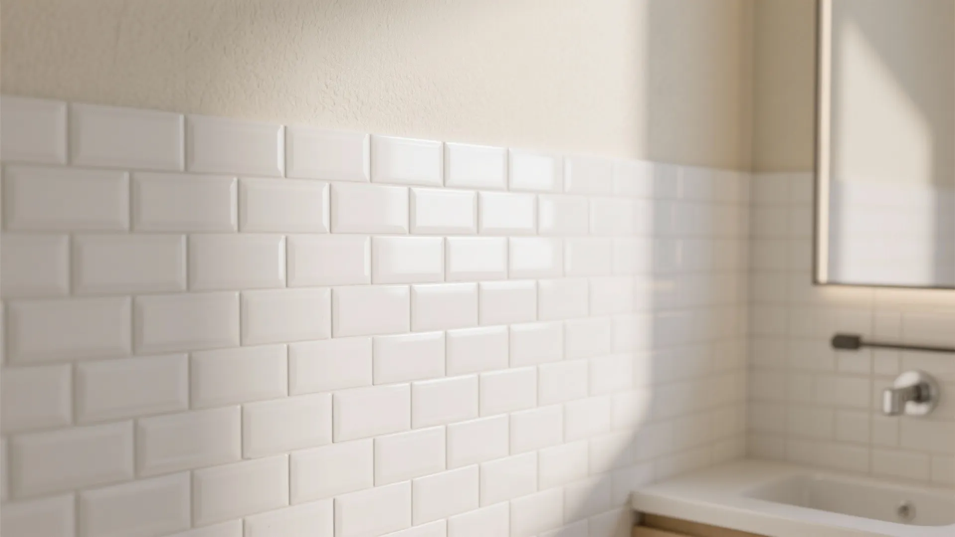 Classic white brick wall tiles in a bathroom with a mirror and small white sink