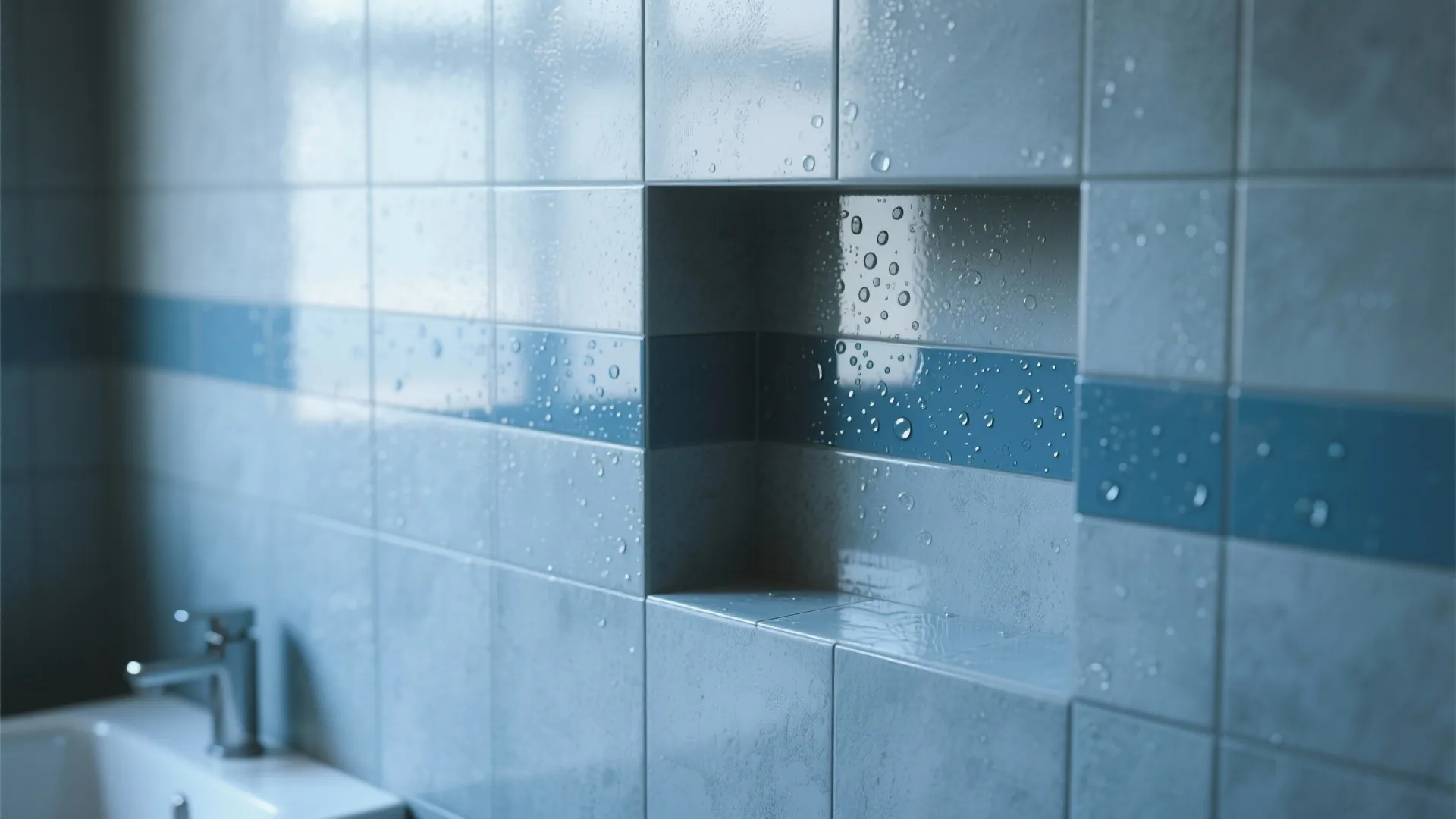 Close up of blue and grey bathroom wall tiles with water drops and built in shelf