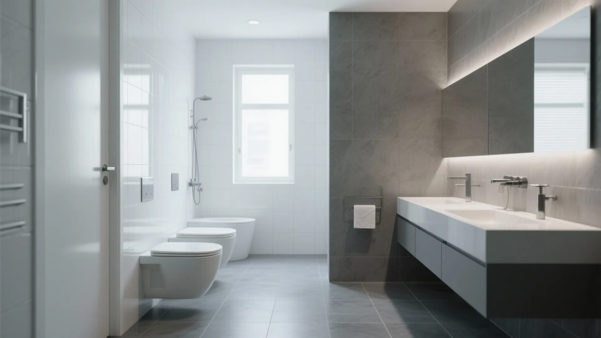 Bathroom mixing matte floor tiles with glossy wall tiles