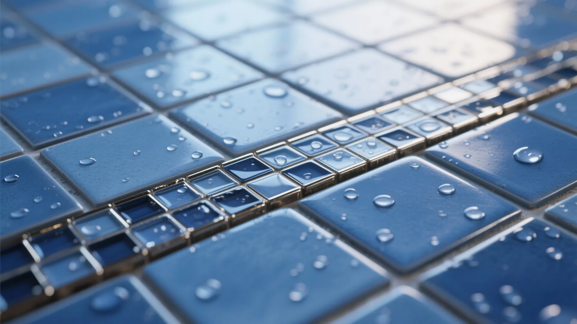Close-up of matte blue porcelain tiles with a glossy metallic mosaic trim reflecting light.