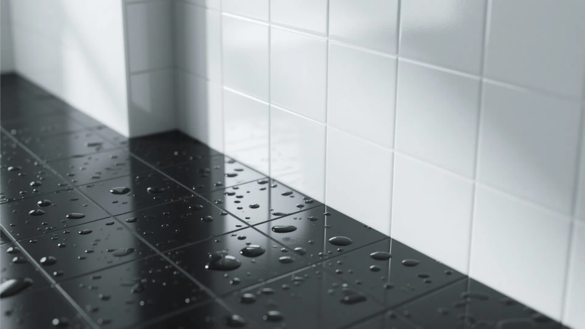 Detail of matte black floor tiles contrasted with glossy white wall tiles showing differing sheens.