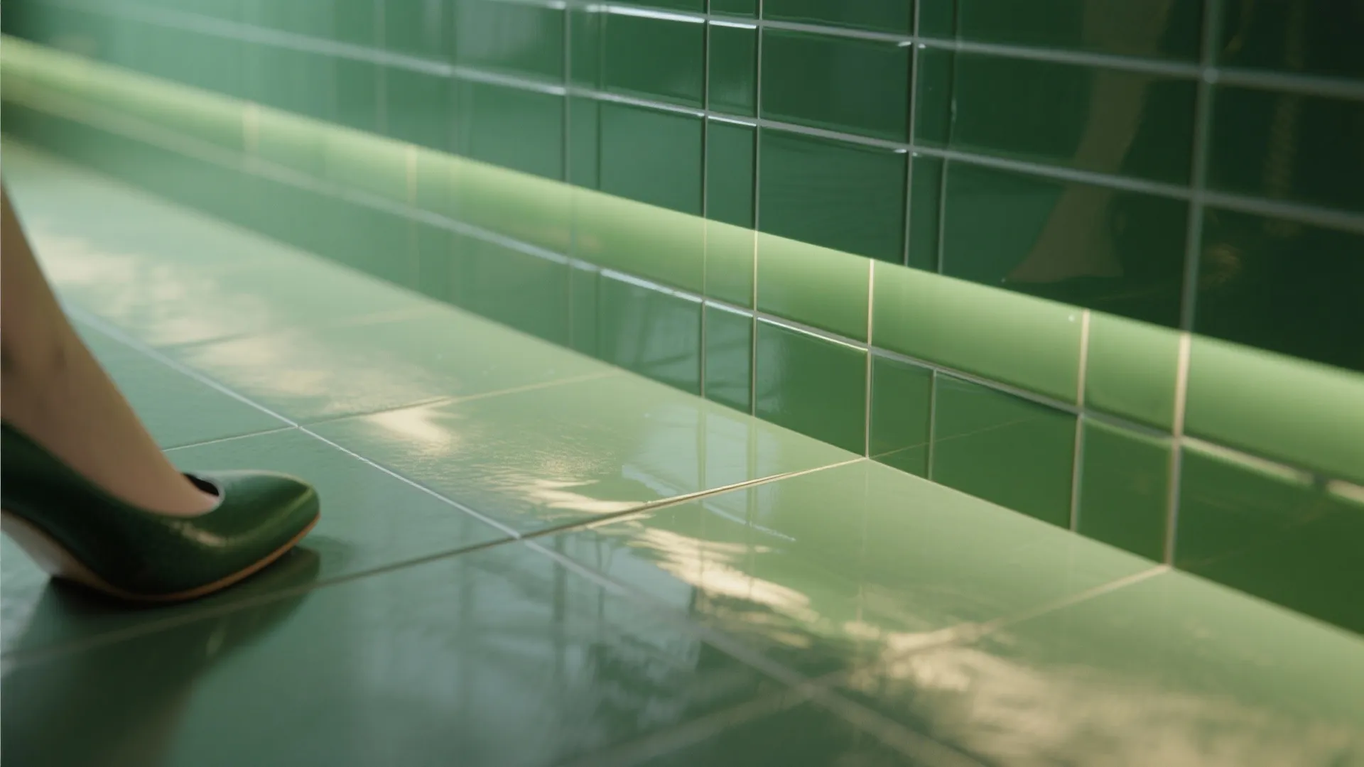 Close up of shiny green bathroom tiles with strip light and a green high heel