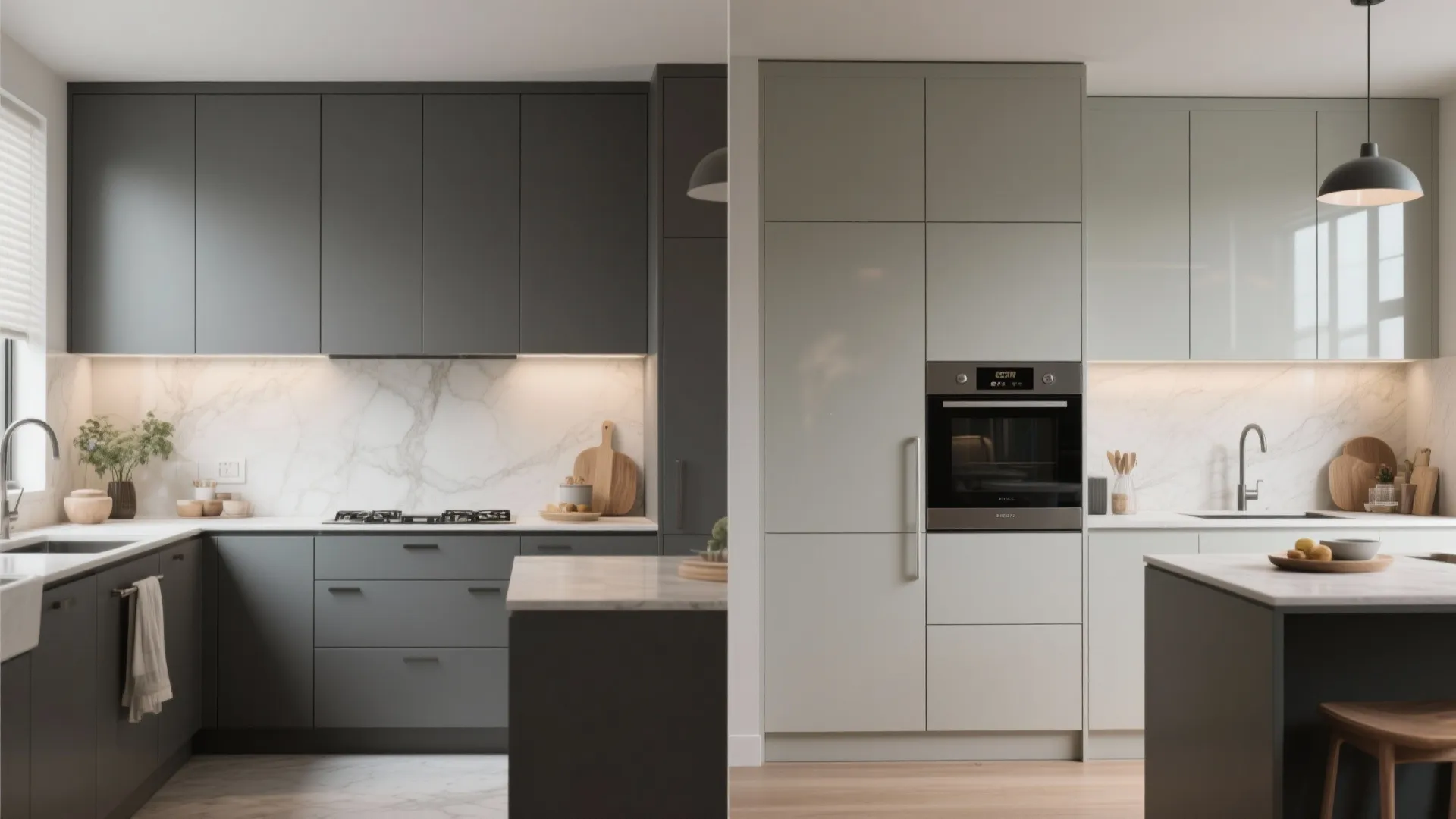 Side by side kitchen comparison showing matte dark grey cabinets versus glossy light grey cabinets design