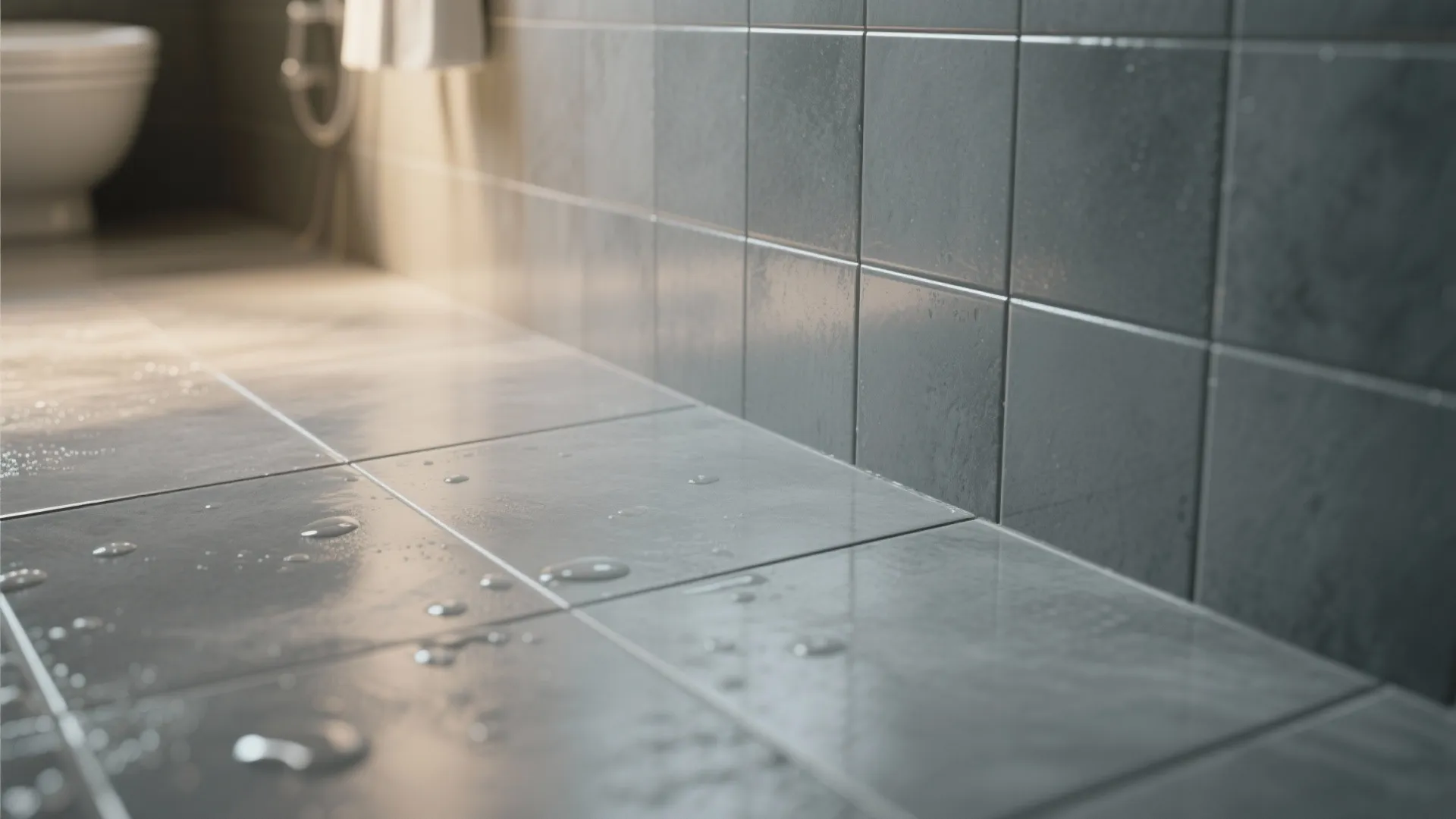 Close up of grey bathroom floor tiles with water drops and matte wall tile design