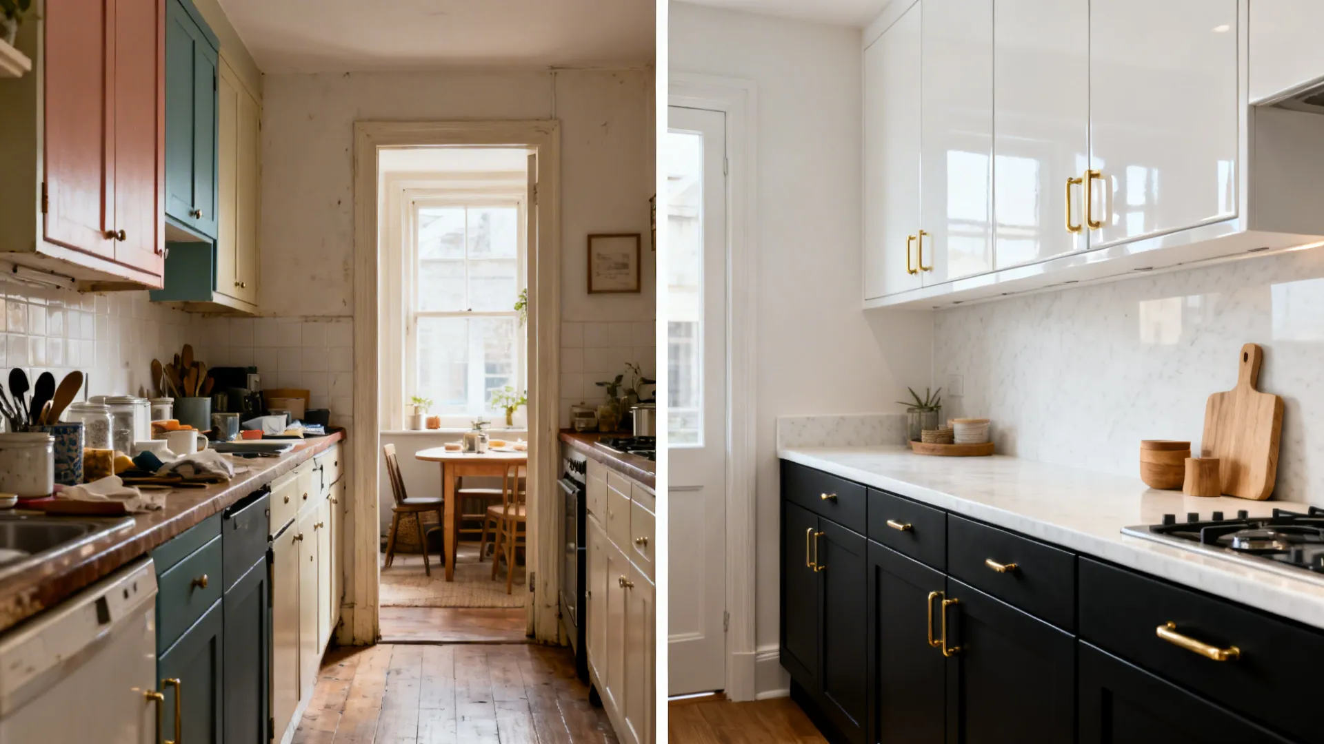 Before-and-after of a compact kitchen updated to matte black bases and glossy white uppers with brass pulls.