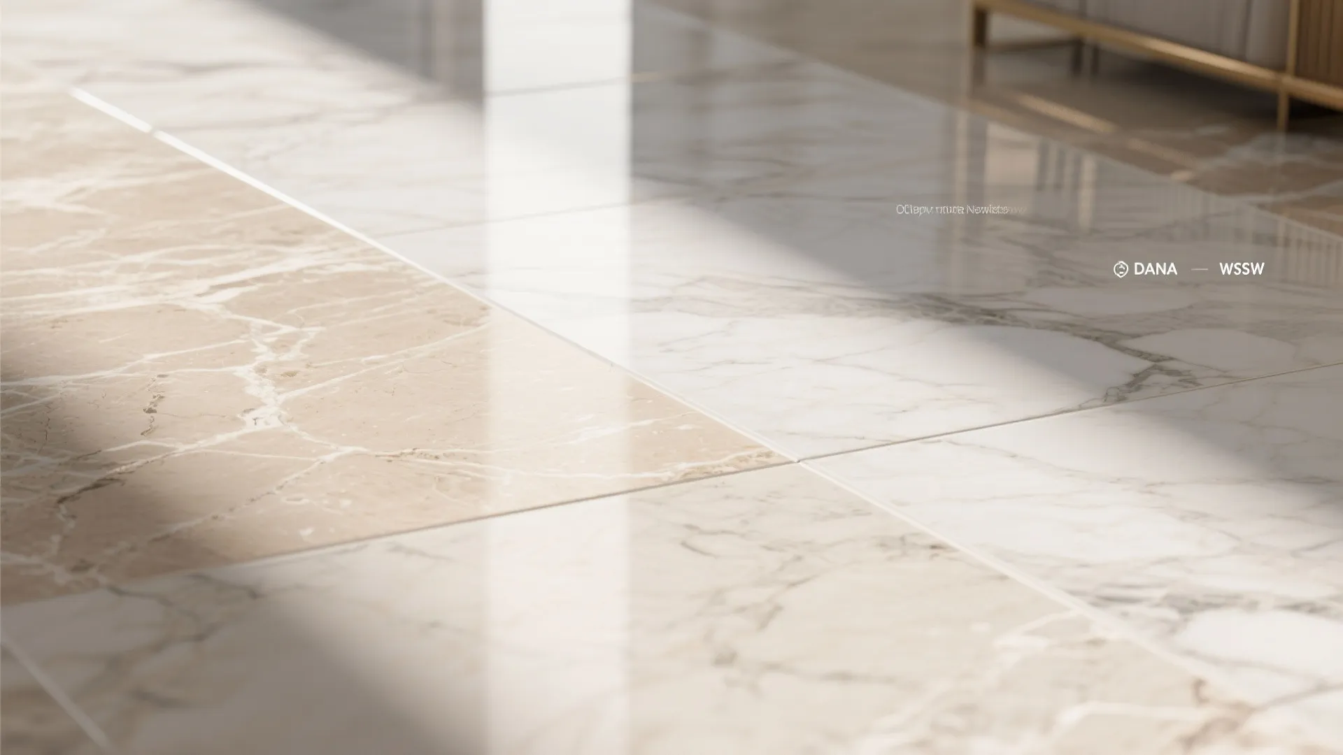 Polished marble floor tiles with natural patterns reflecting sunlight in a bright modern home interior