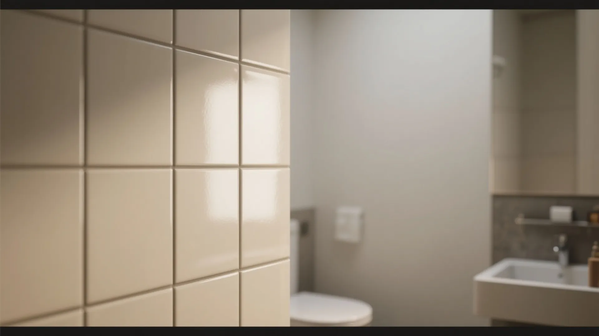 Close-up of glossy tile and matte wall finish in beige bathroom
