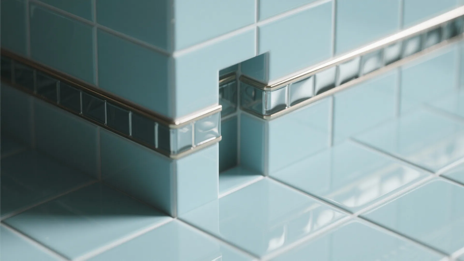 Light blue glossy wall tiles featuring a decorative silver border trim in clean bathroom corner