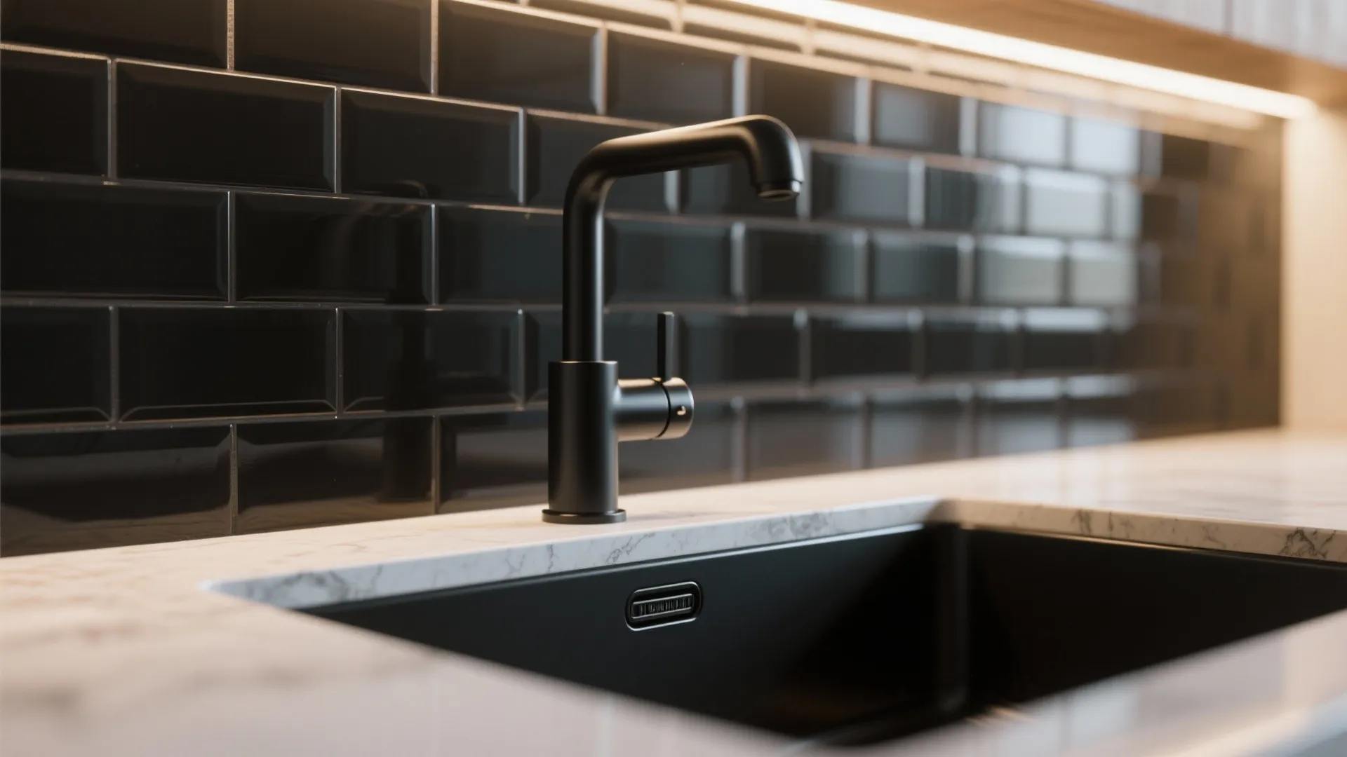 Close up of black kitchen tap and sink with marble countertop and dark wall tiles background