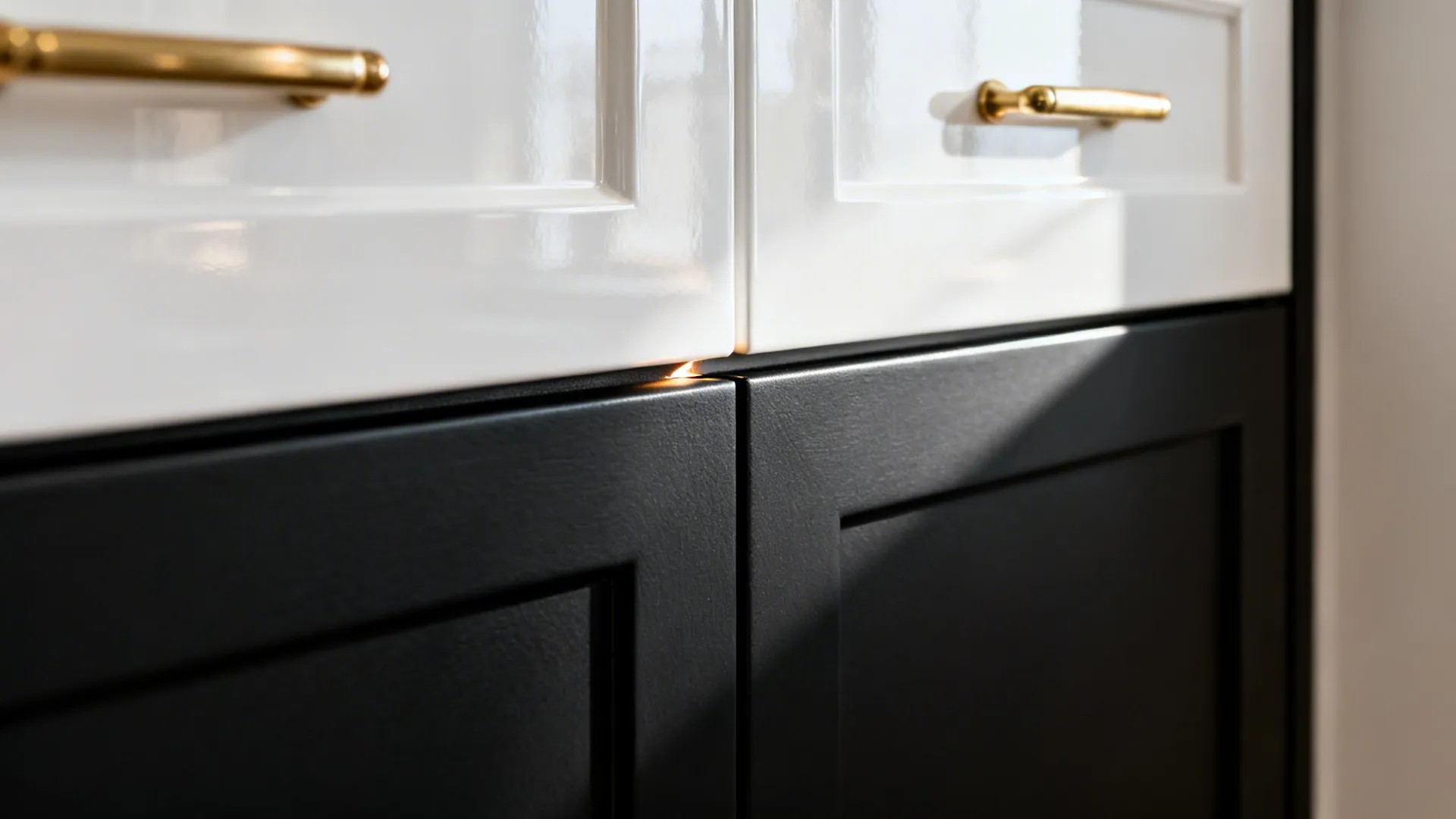 Macro showing matte black cabinet texture against glossy white door with satin brass pull.