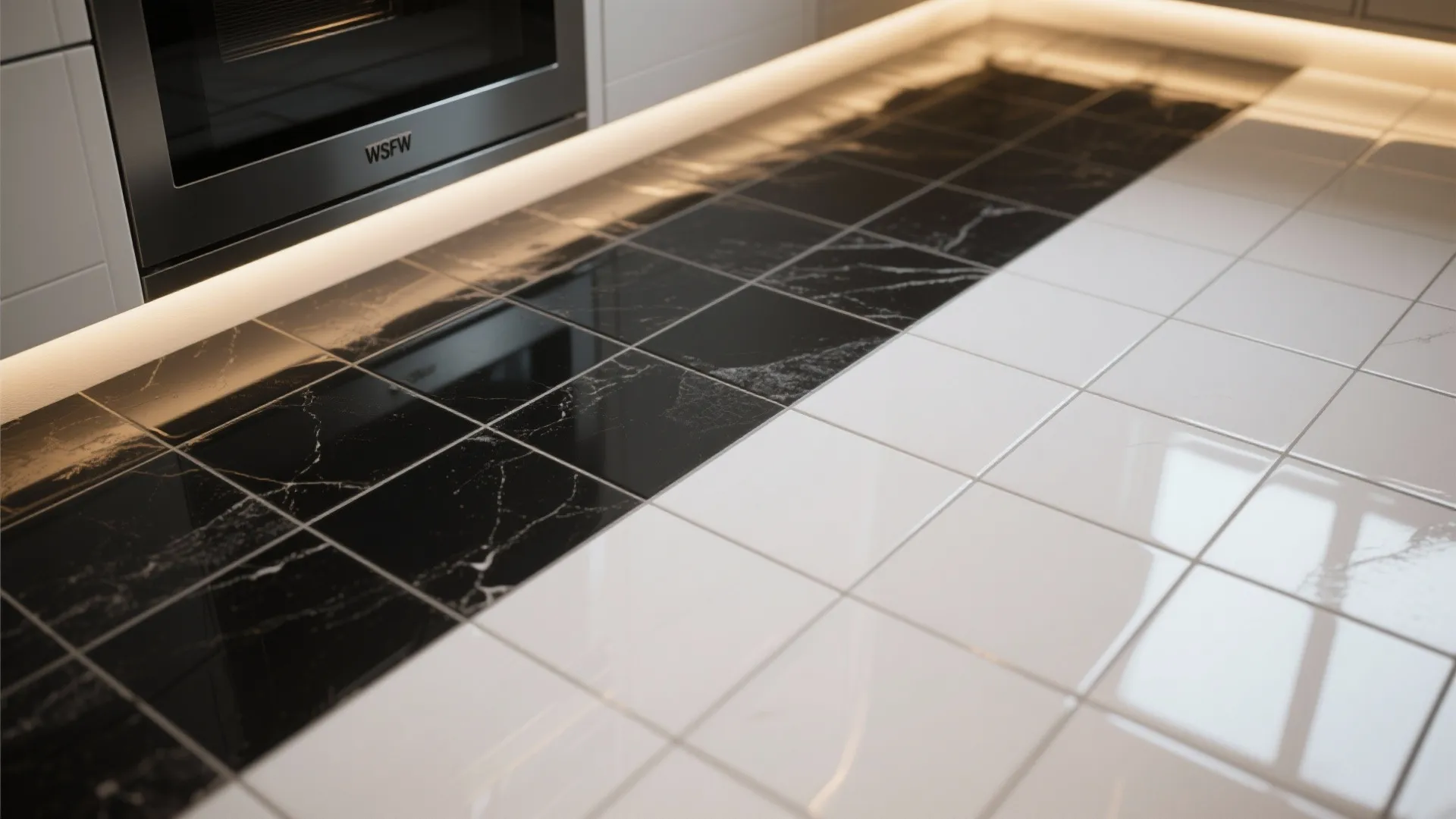 Floor detail showing matte black and glossy white tiles with contrasting reflections
