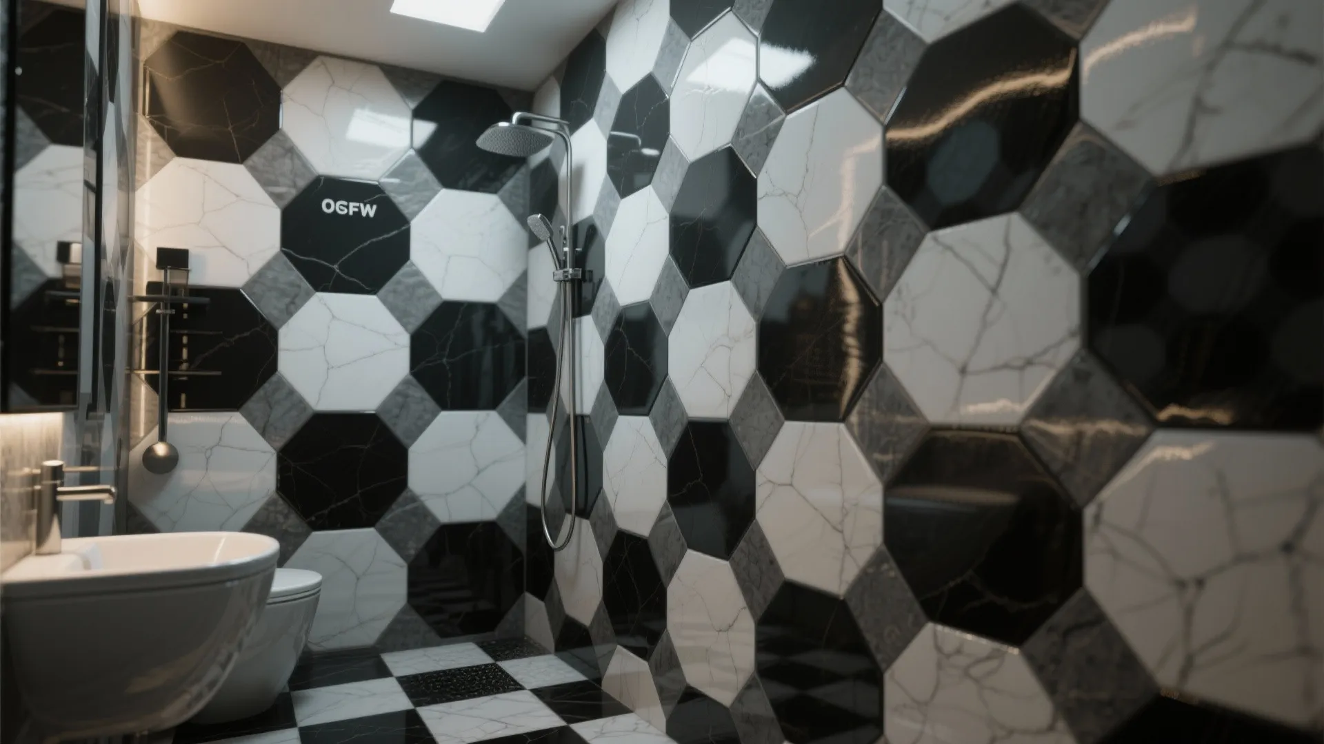 Modern bathroom featuring black and white hexagon wall tiles with a shower head and sink
