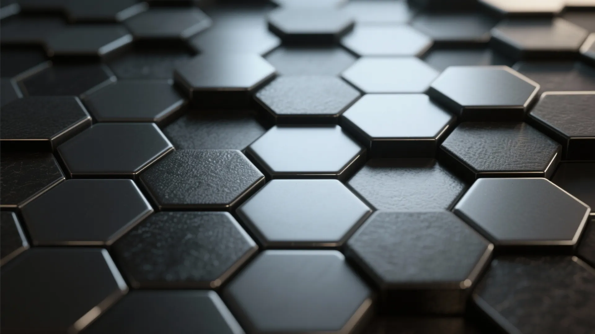 Mixed matte and glossy black hex tiles showing subtle sheen variation and texture