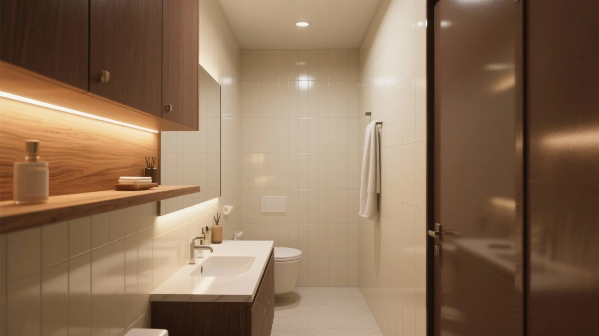 Bathroom showing warm matte brown cabinetry contrasted with glossy cream wall tiles and warm under-shelf LED lighting.