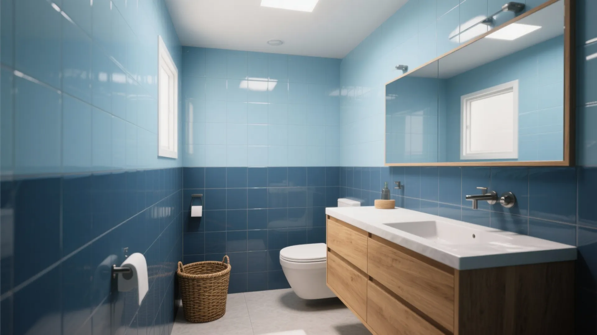 Modern blue tiled bathroom with wooden cabinet white sink toilet large mirror and wicker basket