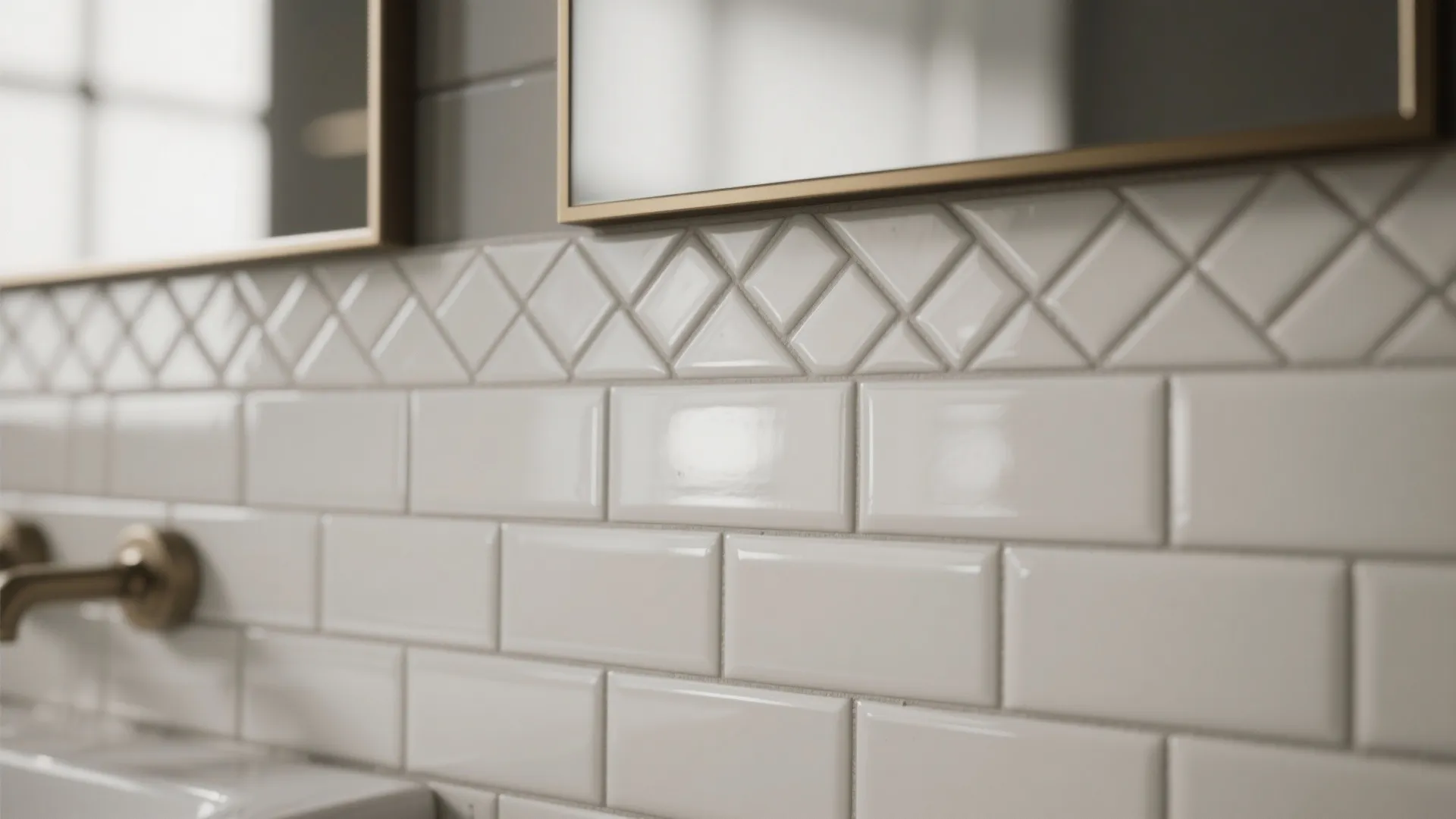 Close up of glossy white wall tiles with decorative diamond pattern border and brass water tap