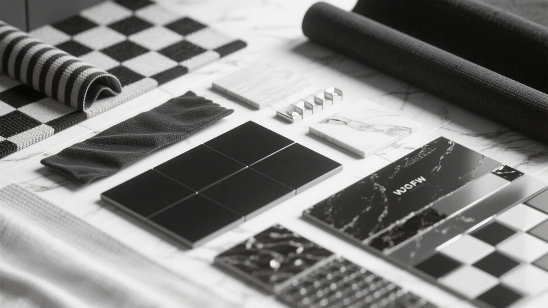 Interior design material board with black tiles, white marble slabs, fabric rolls, and wood samples