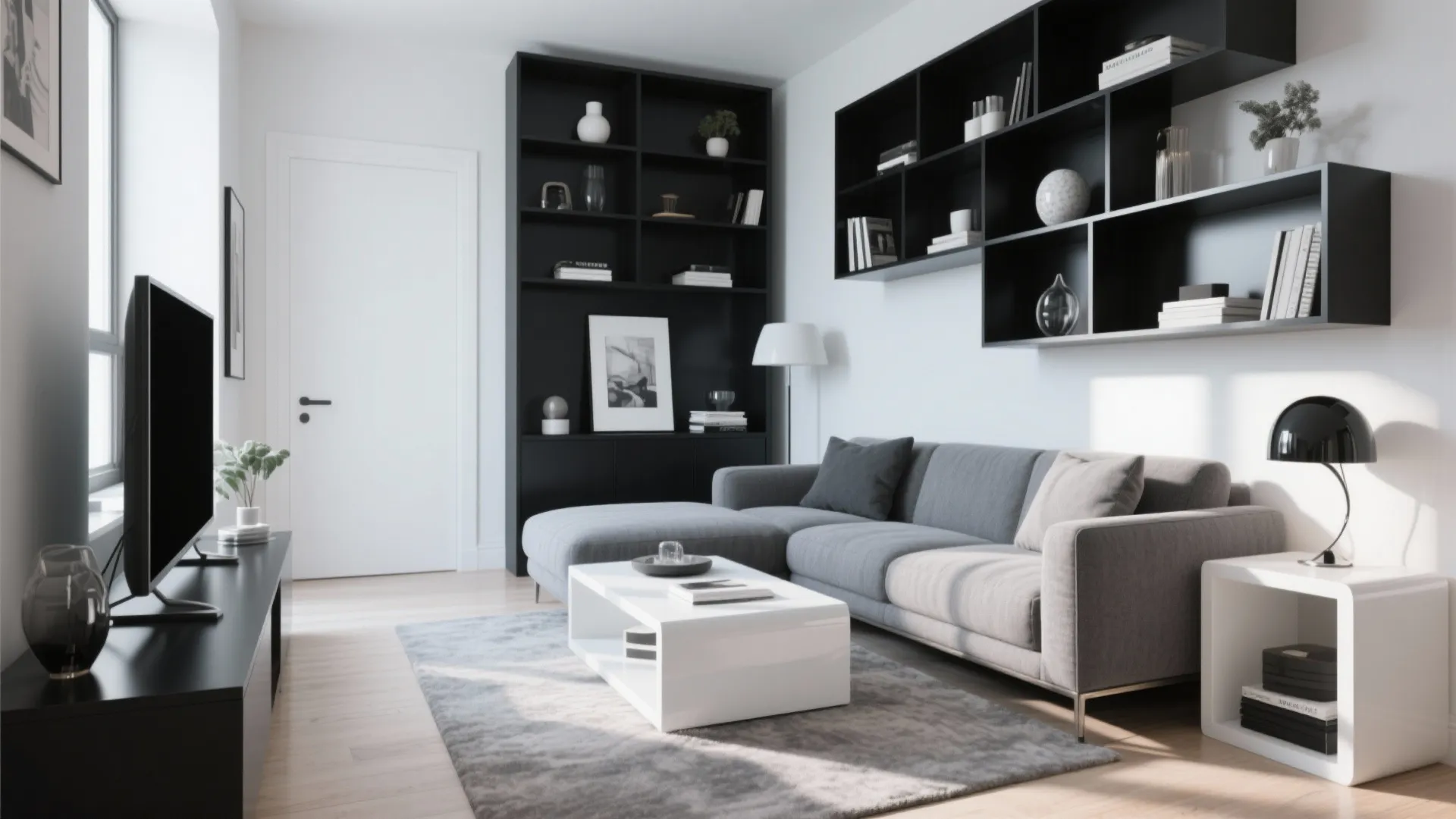 Living room with gray sofa white coffee table black wall shelves television and a table lamp